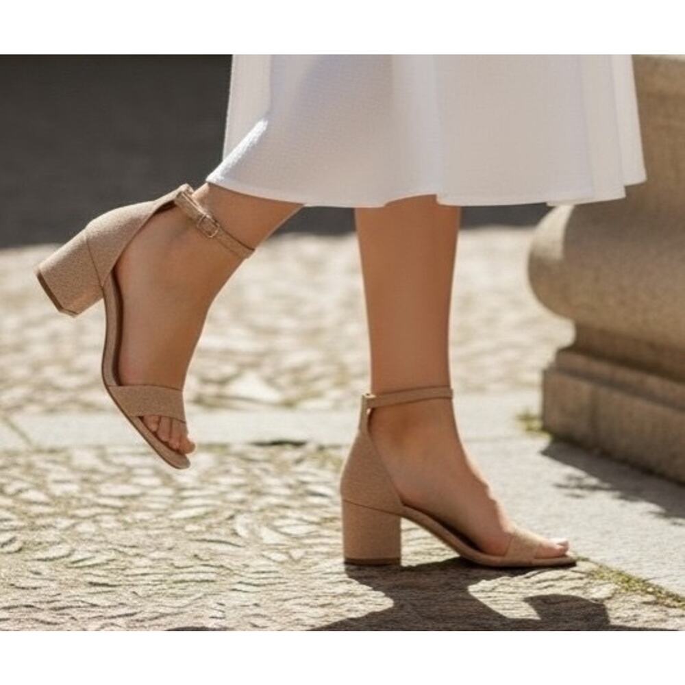 Steve Madden Womens Irene Nude Raffia Clear Strap Block Heel Ankle Sandals 9.5‎